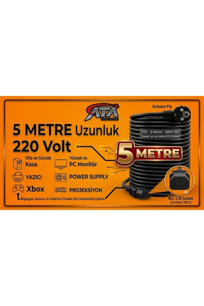 ATAELEKTRONİK 5 Metre 5mt Power Kablo Güç Elektrik Kablosu Uyumlu C7 Pc Tv Pr...