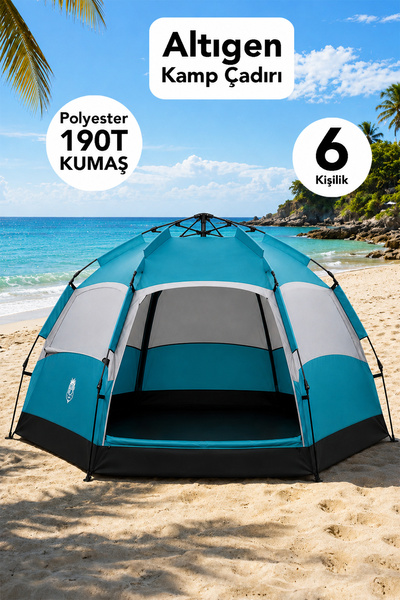 Fischer Altıgen Kamp Çadırı - 6 Kişilik Polyester 190 T Su Geçirmez Kumaş Out...