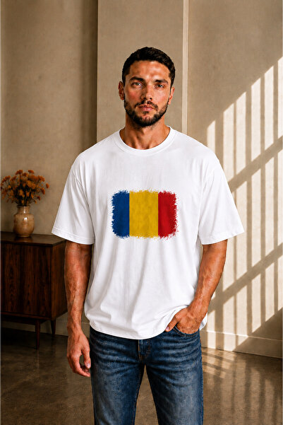 sngl tekstil Ανδρικό μπλουζάκι με κοντό μανίκι oversized Romania Flag με τύπω...