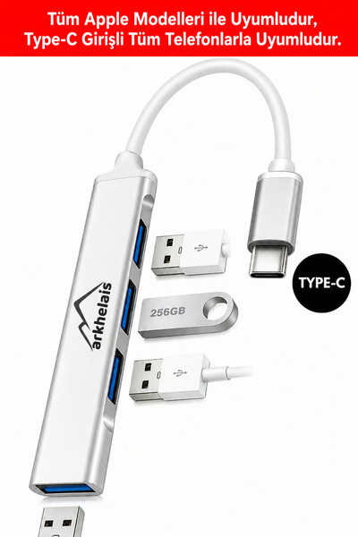 Arkhelais USB Çoklayıcı Type-C – 4 Port USB 3.0 Hub Klavye Mouse Flash Bellek...