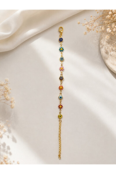 Lilith Takı Colorful Evil Eye Beaded & Floral Detailed Gold Bracelet – Stylis...