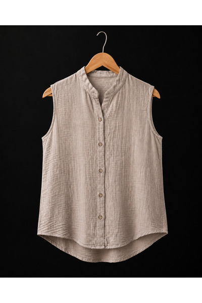 TECHTACT Women's 100% Cotton Muslin Judge Collar Sleeveless Buttoned Shirt Co...