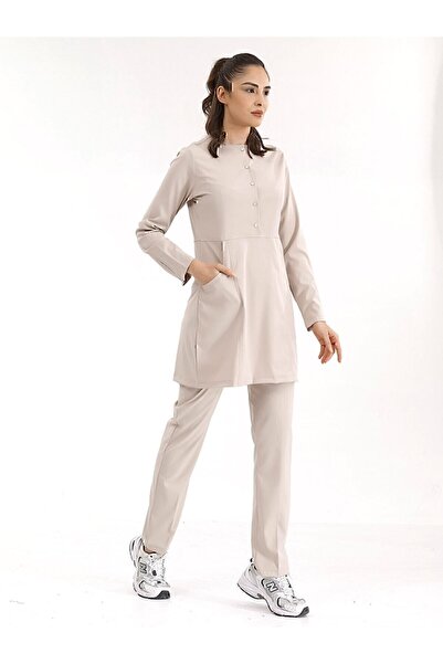 ÇİZGİ MEDİKAL Cream Color Luxury Lycra Zippered Hijab Nurse Jersey