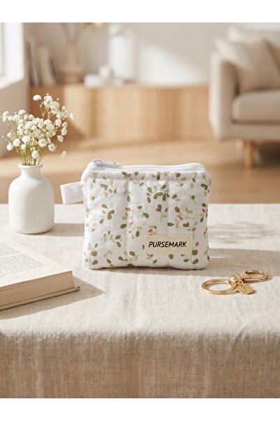 PURSEMARK Ekru Yeşil Çiçek Desenli El Yapımı Küçük Cüzdan