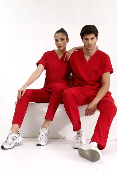 ÇİZGİ MEDİKAL Red Luxury Lycra Uniform Sets High Quality Lycra