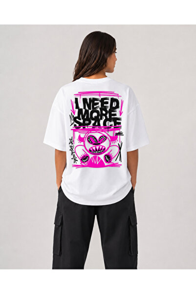 chaygoy Unisex Relaxed Fit Beyaz Tişört I Need More Space Ön ve Sırt Baskılı %100 Pamuk