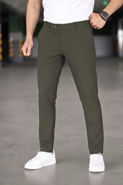 Gussi Men's Khaki Green Color Quality Flexible Lycra Slim Fit Fabric Trousers