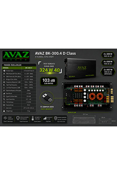 avaz Bk-300.4 Anfi 4x300 Rms 4 Kanal Anfi (AMFİ)