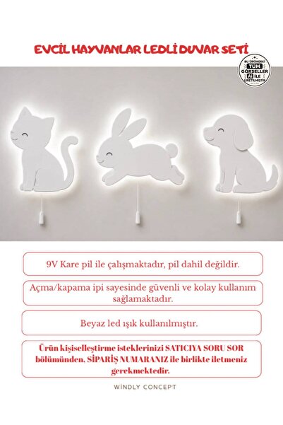 Windly Concept Kedi Köpek Tavşan LED Duvar Lambası 3’lü Set Çekmeli Gece Lamb...