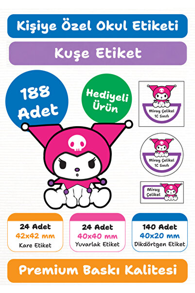 repro design 188 Adet Kuromi Pembe Kişiye Özel Okul Etiketi Kalem Defter Kita...