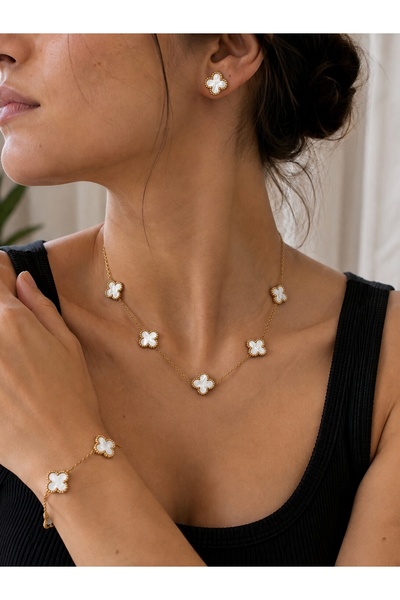 ATALYA ACCESSORY Beyaz Taşlı Yonca Model Kadın Çelik Kolye Küpe Bileklik Seti...
