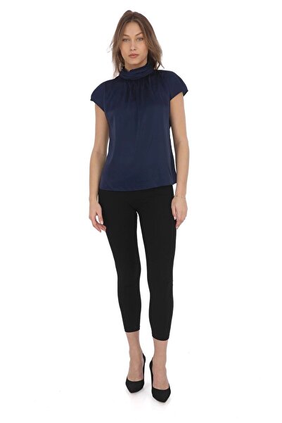 lodmela Yaka Drape Detaylı Saten Bluz 01-Lacivert