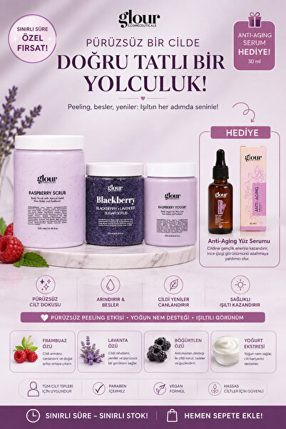 GLOUR Ahududu ve Böğürtlen 3'lü Selülit Peeling Seti + Anti Aging Serum Hediyeli