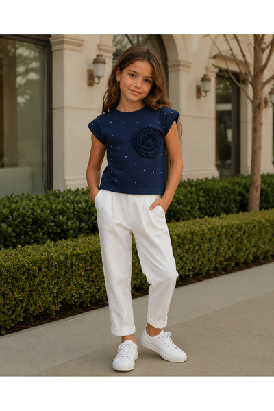 Mutlu Kids Tricou pentru fete cu aplicații florale și broderie cu pietre