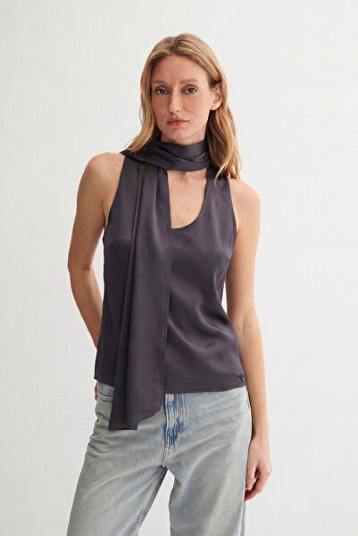 Silk and Cashmere Antrasit Estrella Saf İpek Kolsuz Bluz