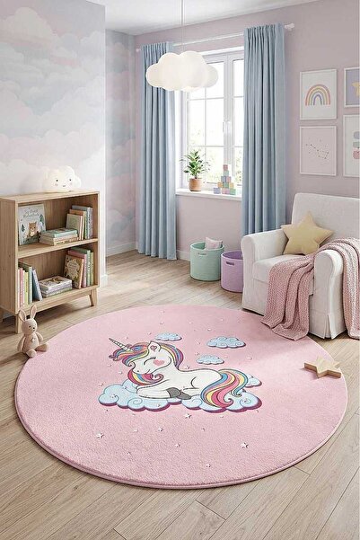 Frenda Home Unıcorn Pamuk Taban Dekoratif Baskılı Yuvarlak Çocuk Odası Halısı...