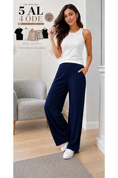 moda felinya KADIN LACİVERT RENK YAZLIK BELİ LASTİKLİ BÜRÜMCÜK KUMAŞ PALAZZO ...