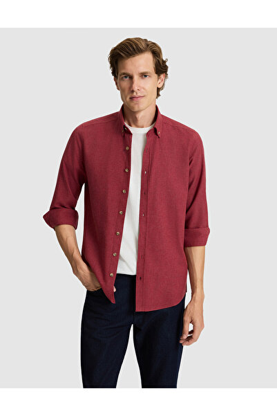 Pierre Cardin Burgundy Flannel Textured Slim Fit Long Sleeve Shirt 50316751-V...