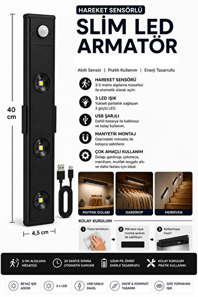 Neo Vista Slim Led Kabin Armatürü Hareket Sensörlü Dekoratif Gece Lambası Usb...