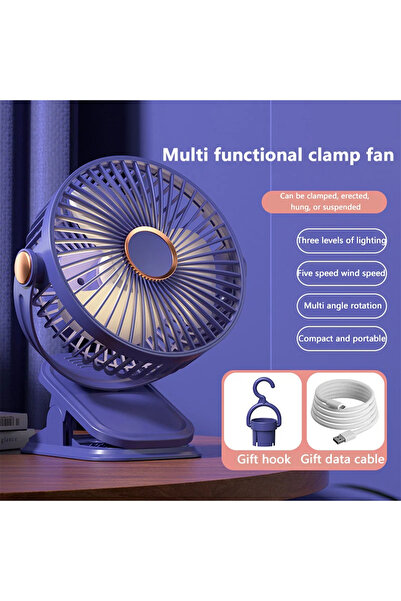 Choice3 Blue Small Fan 5-Speed Adjustable & 3-Mode Night Light USB Rechargeab...
