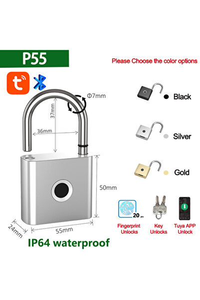Choice1 Silver P55 RAYKUBE Tuya Smart Padlock Fingerprint Waterproof USB Char...