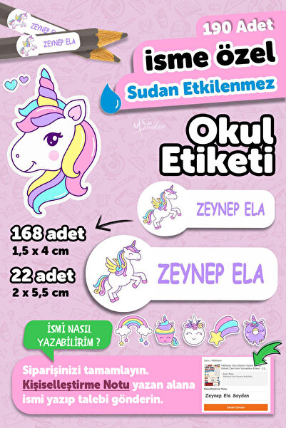 MSticker Okul Etiketi Kalem Defter isimli Etiket Isim Yazılabilen Sevimli Uni...