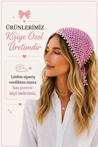 NEHOLİA Hand Knitted Pearl Detailed Women's Hair Bandana Pink Bohemian Summer...