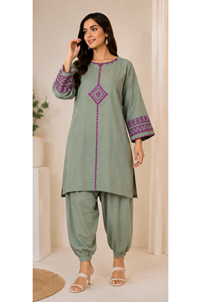 6TEEN Women’s Olive Green Embroidered 2-Piece Suit