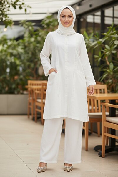 Sile Atelier Beyaz Dantel Detaylı Dantel Tunik Tesettür Tunik Kadın XL . geni...