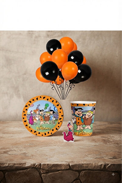 Deniz Party Store 5 Black 5 Orange Balloon Stone Age Birthday Cardboard Plate...