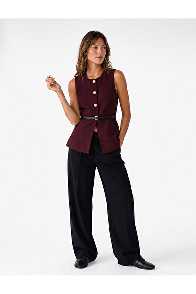 Koton Slim Fit Jeweled Buttoned Crew Neck Belted Peplum Vest