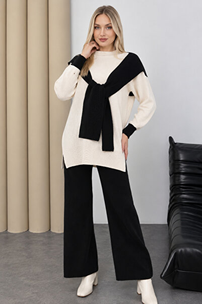 H&E LUXURY DESIGN Women's Black Ecru Knitwear Set – Oversized Sweater and Wid...