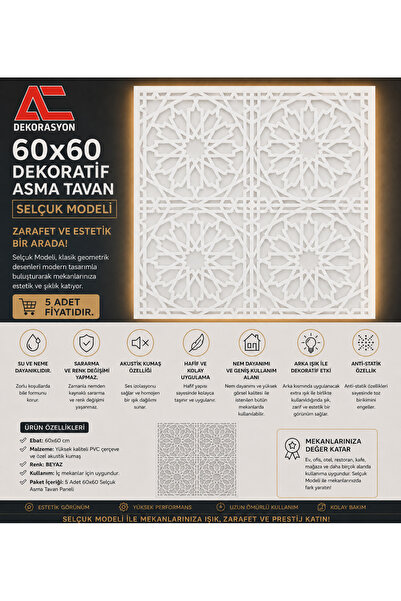AC DEKOR Dekoratif Asma Tavan Paneli Selçuk 60x60 cm Led Uyumlu (5 adet)