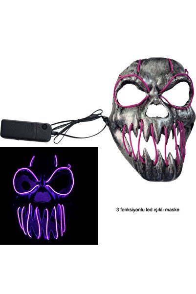 partidolu Kumandalı Mor Renk Neon Led Işıklı Gümüş İskelet Maske 1 Adet hallo...