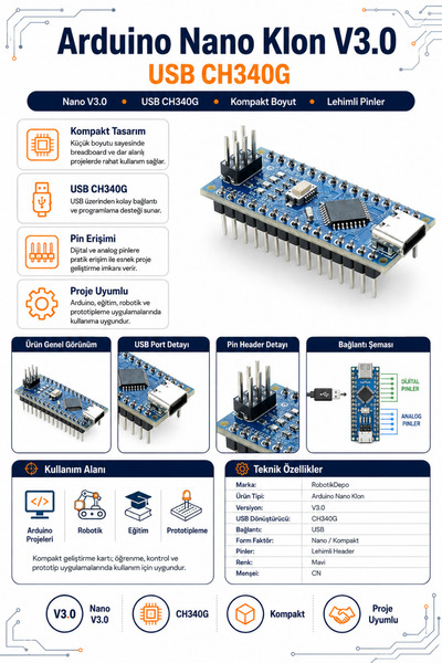 RobotikDepo Arduino Nano Klon V3.0 - USB CH340G