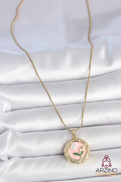 Generic Brand 316L Steel Gold Color Chain Pink Flower Embroidered Pearl Detai...