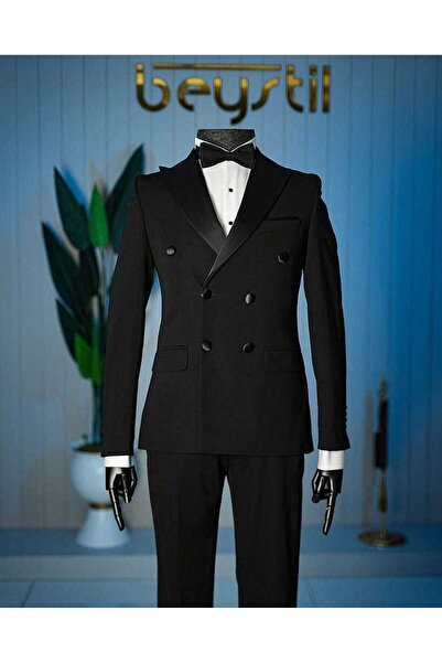 Beystil Erkek Siyah Saten Yakalı Kruvaze Damatlık ve Smokin Takım - Slim Fit