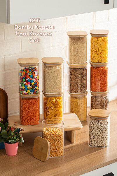 Porsima 6-4 Bamboo Vacuum Lid Square Borosilicate Glass Jar Set of 12 Storage...