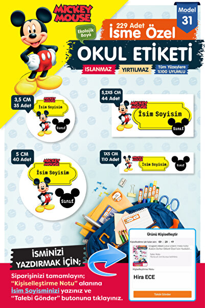 t tuğset etiket Okul Etiketi Mickey Mouse Kalem Defter Etiketi Özel İsim Yazı...