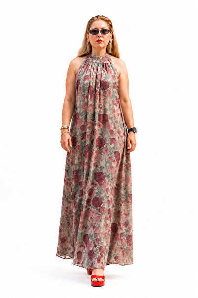 Fast Perry Halter Yaka Çiçekli Maxi Boy Elbise