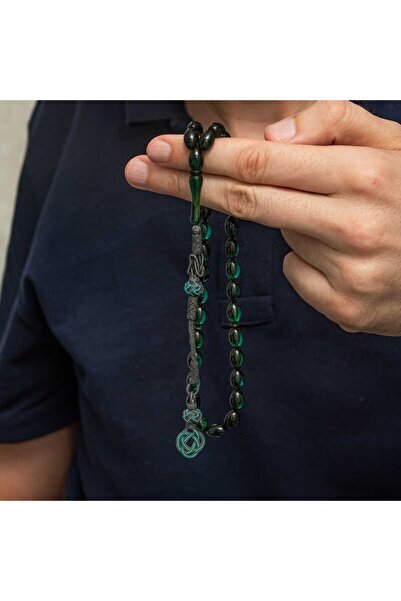 Inure Jewelry Silver Kazaz Tassel Green Crimped Amber Prayer Beads
