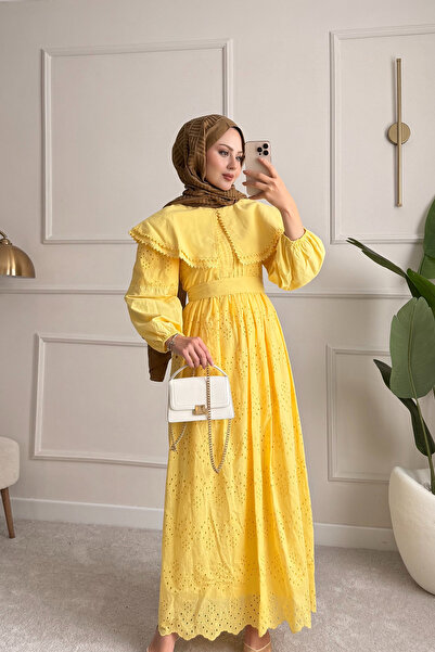 ensade Design Balloon Sleeve Yellow Summer Belted Lined Yellow Fishtail Dress