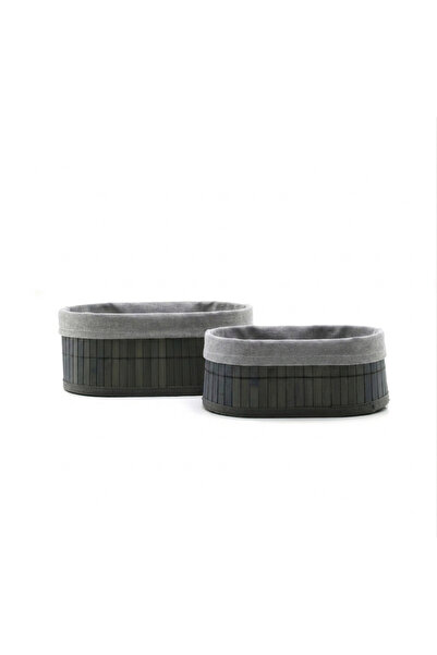 Go İthalat Bambu Gri 2 Boy Oval Kenar İçi Bezli Organizer Sepet 21x14-25x16cm