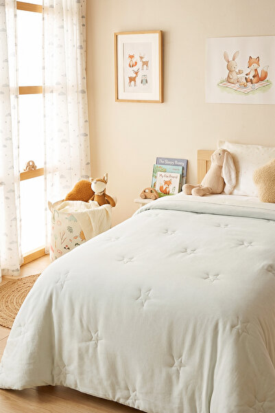 Ocean Home Textile %100 Pamuk Penye Mavi Yıldız Nakışlı Çocuk Tek Kişilik Yorgan Çok Amaçlı Örtü 155 x 215