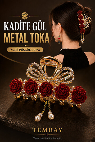 TEMBAY Kadife Gül Desenli Metal Mandal Toka İncili Püsküllü Taşlı Saç Tokası
