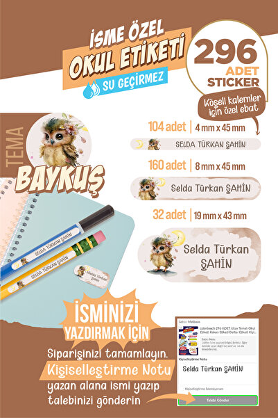 colortouch 296 ADET Baykuş Temalı Okul Etiketi Kalem Etiketi Sticker Defter E...