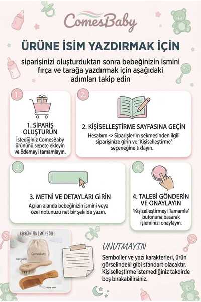 ComesBaby İsimli 2'li Set Bebek Fırçası & Saplı Ahşap Tarak (KESE VE ANAHTARLIK HEDİYE)