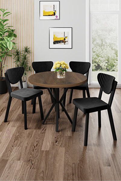 Canisa Agnes Serisi 90x90 Yuvarlak Barok Ahşap Desen Masa Takımı ve 4 Siyah S...