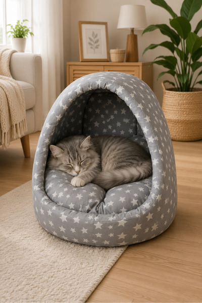 Nerotex Gri Yıldızlı Kedi Mağara Yuvası Ev