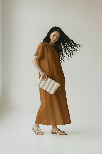 Bej Keten Portföy ve Clutch Çanta Çizgili Tasarım Model